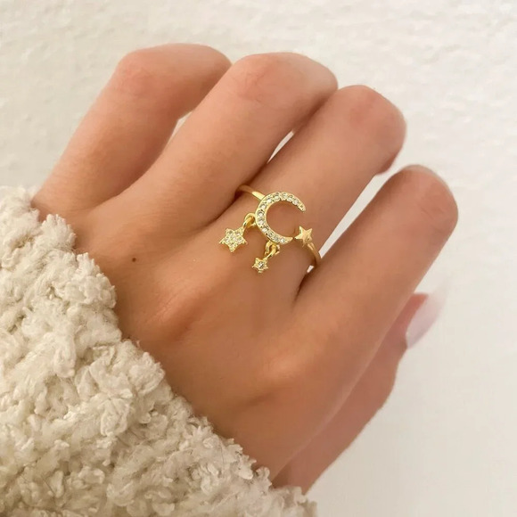 925 Sterling Silver Dangle Moon & Star Ring Gold Ring Dainty Gold Ring - Picture 4 of 7